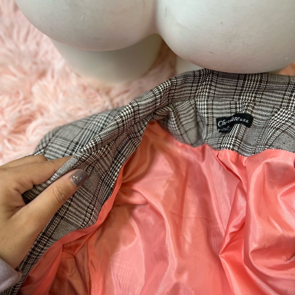 Chocolate USA Plaid Open Front Blazer Jacket Women’s Size S Brown Tan Lined - Picture 8 of 9